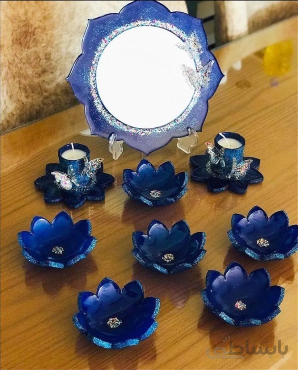 ست کامل هفت سین رزین (قاب آینه،جفت شمعدان و 6 عدد ظرف ) ا Complete set of seven trays of resin (mirror frame, pair of candlesticks and 6 dishes)