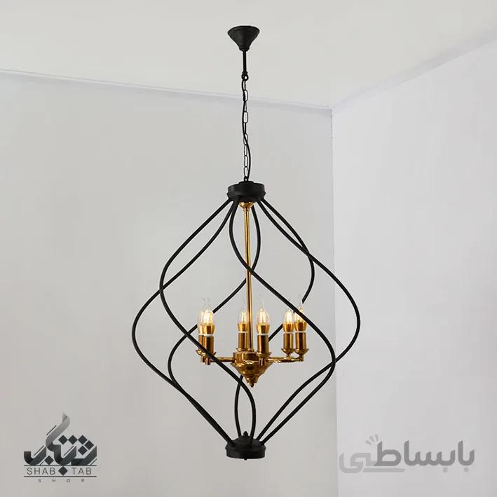 لوستر آویز شش شعله مدرن فرپیچ مشکی طلایی