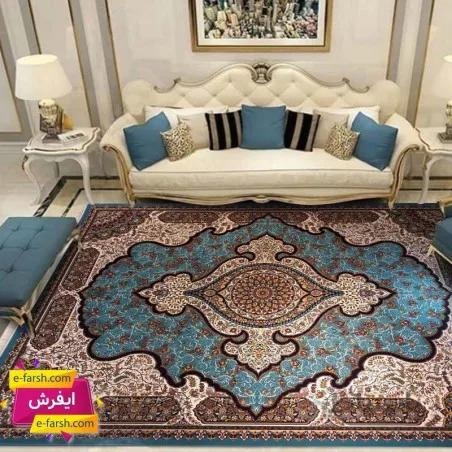 فرش ماشینی نگین مشهد طرح 1209 آبی گل برجسته