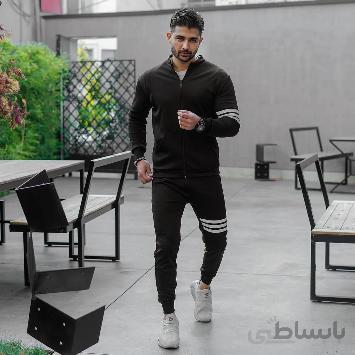 ست سوییشرت شلوار مردانه مشکی خط دار مدل TAKTA