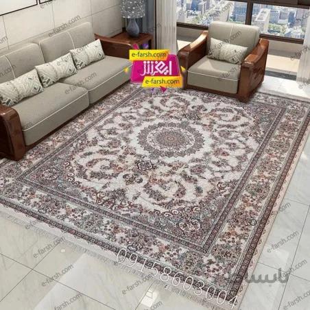 فرش ماشینی نگین مشهد طرح 1010 کرم حاشیه کرم گل برجسته