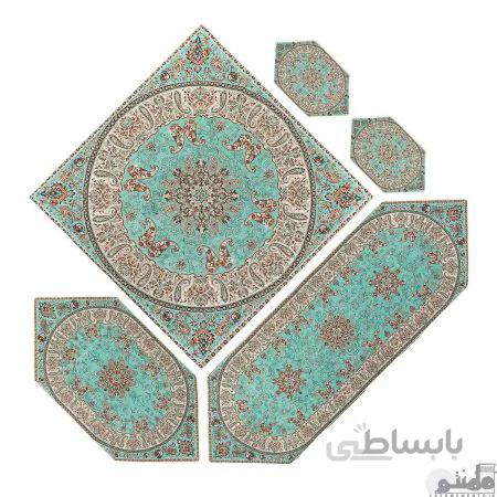 سرویس کامل رومیزی ترمه طرح شاهسوند رنگ سبز آبی