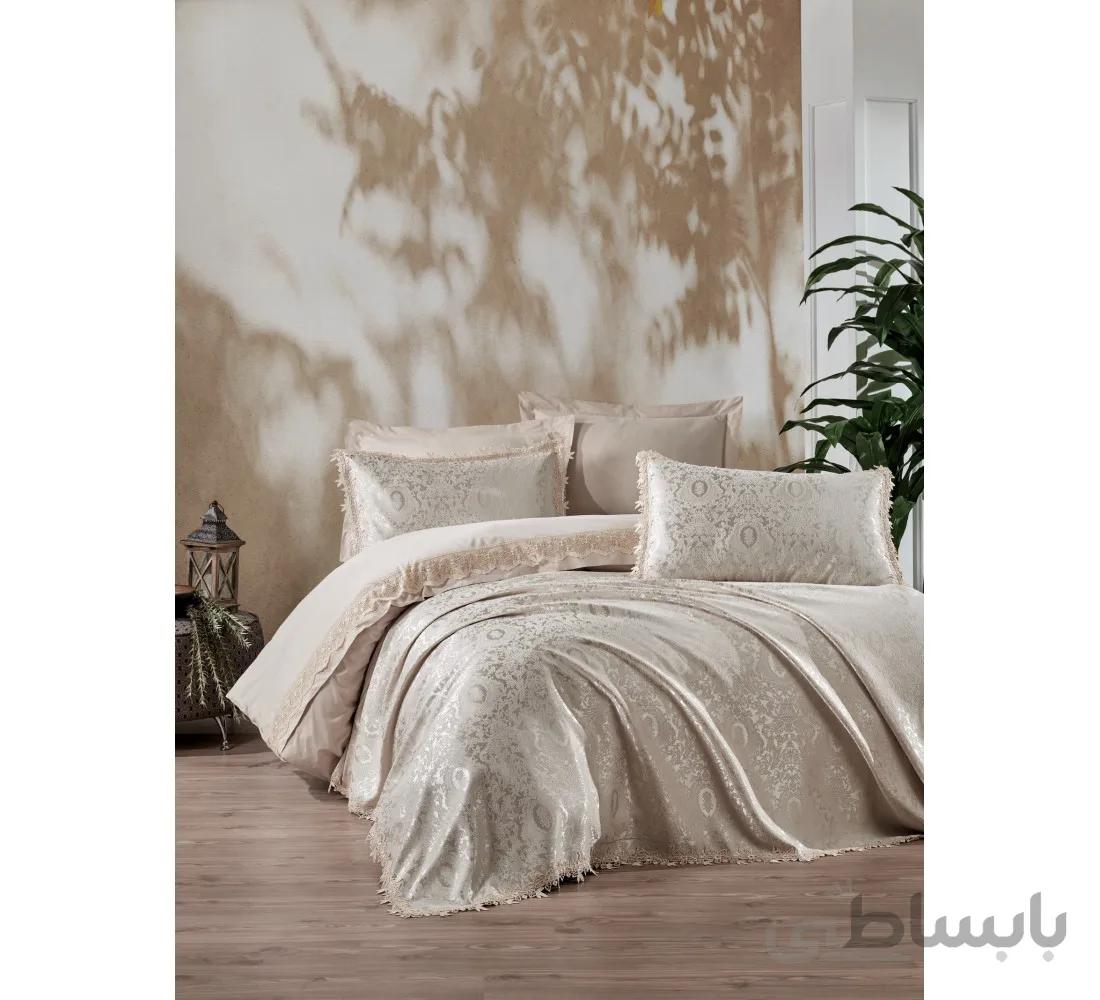 ست کاور با ست پیکه کاتن باکس مدل chi chi طرح elegance رنگ cappuccino دو نفره 7 تکه