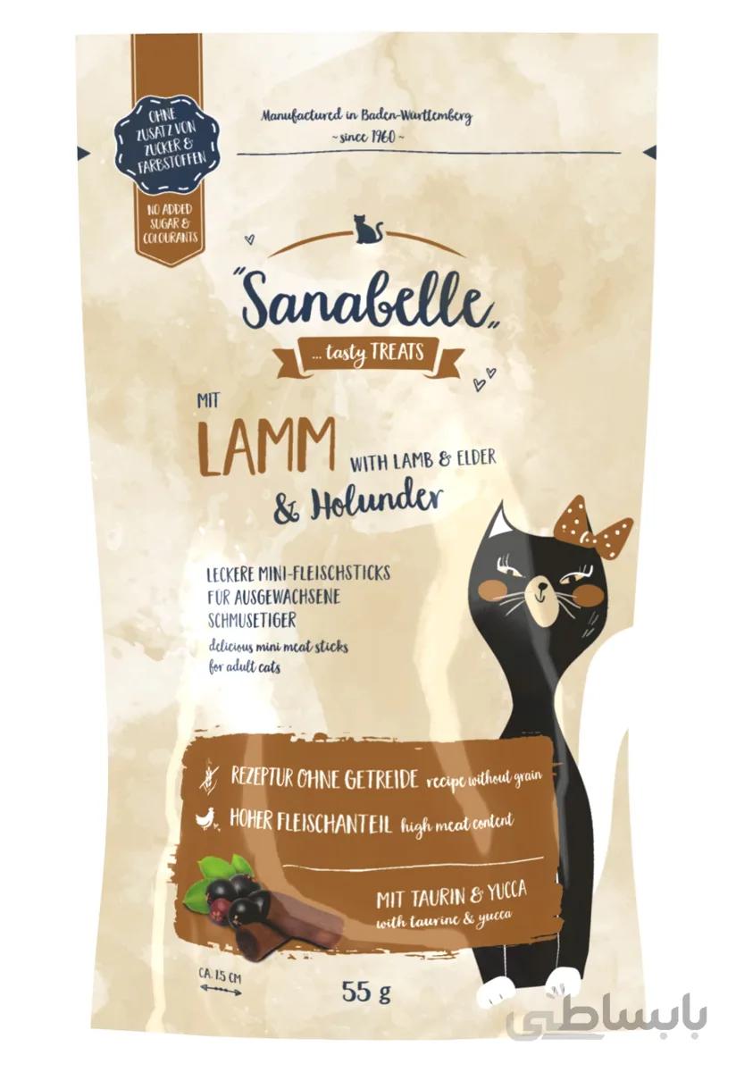 تشویقی اسنک گربه سانابل(Snack Lamm) مدل(Tasty Treats Lamb & Elderberry Cat Sticks) طعم بره و شاه توت با وزن 55 گرم