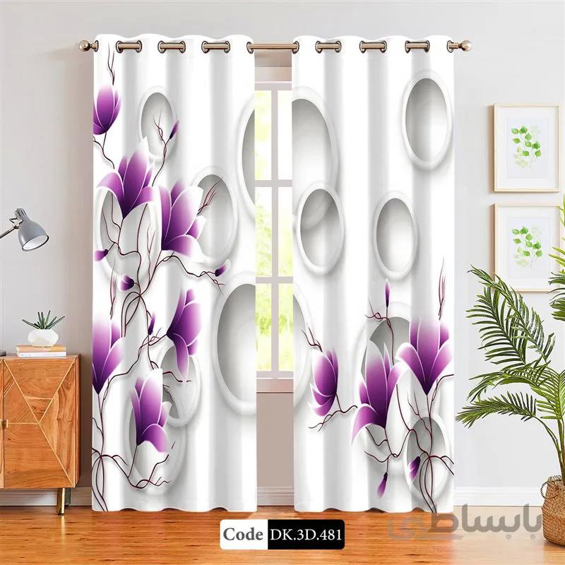 پرده پانچی (هازان و مخمل)کد DK.3D.481 طرح سه بعدی گل های بنفش