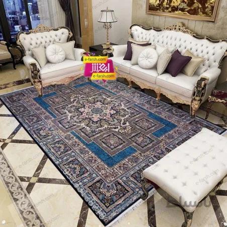 فرش ماشینی زمرد مشهد طرح 22000 سورمه ای گل برجسته