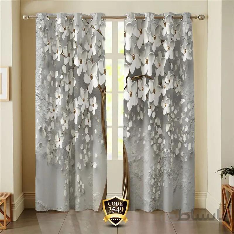 پرده پانچی کد 2549-3d-b طرح سه بعدی شاخه گل طوسی