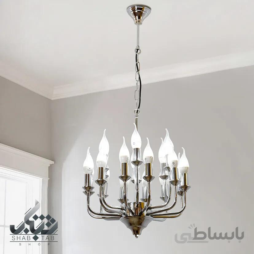 لوستر آویز هجده شعله مدرن وسط اتم 60 سرپیچ E14 کروم