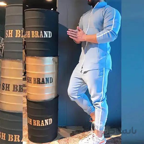ست مردانه کد 056 هودی و شلوار طرح تک خط جنس کتان کش رنگ آبی ا Men's set of blue linen hoodies and pants