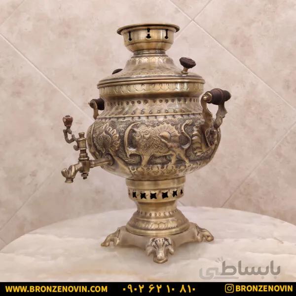 سماور شیر و خورشید برنجی زغالی آنتیک ۸ لیتری کد ۴۲۹