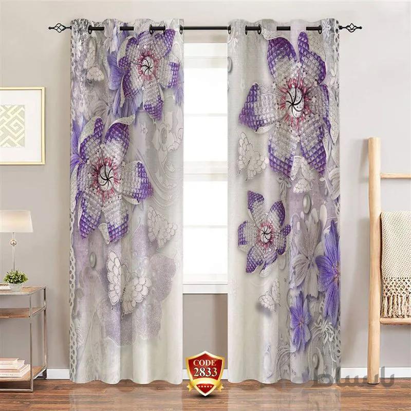 پرده پانچی کد 2833-3d-b طرح سه بعدی گل و پروانه بنفش