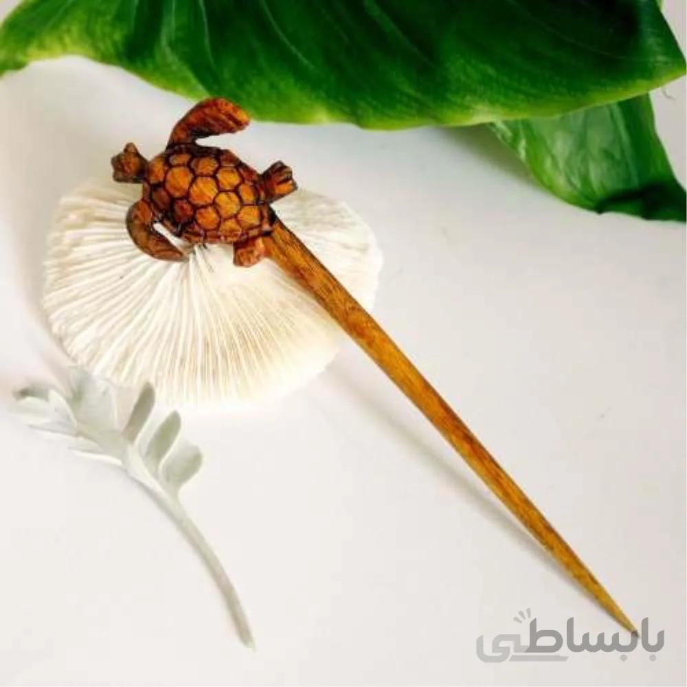 گیره مو دستساز چوبی طرح لاکپشت