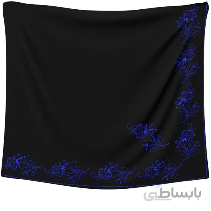 روسری حریر مشکی گلدوزی گل رز سرمه ای
