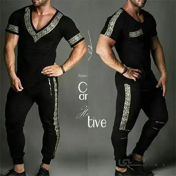 ست تیشرت و شلوار مردانه طرح نوار هندی لاکچری رنگ مشکی کد 99 ا Men's T-shirt and pants set, luxury Indian stripe, black color, code 99