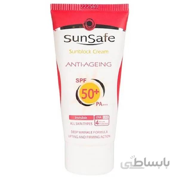 کرم ضد آفتاب و ضد چروک سان سیف SPF50 بدون رنگ انواع پوست 50 میلی لیتر