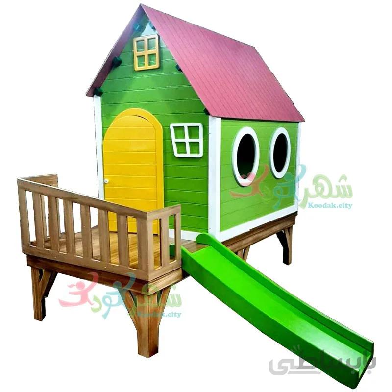 کلبه بازی کودک چوبی مدل سرسره دار