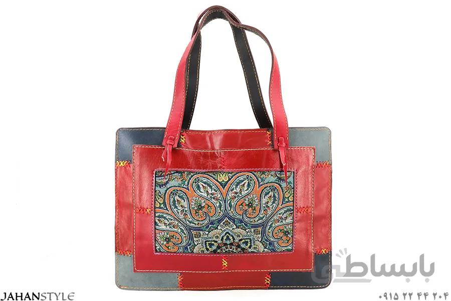 کیف دستی چرم طبیعی چهل‌تکه ترمه دوزی کد 588023