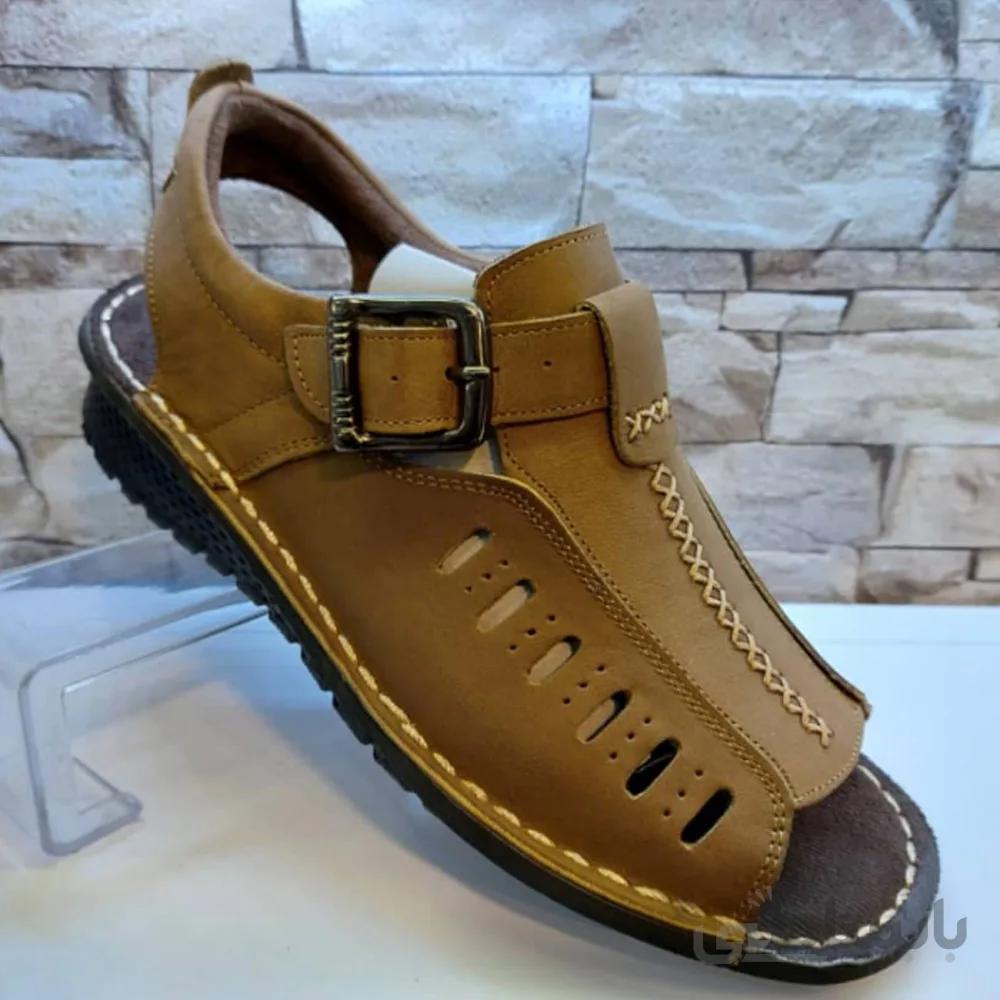 کفش مردانه تابستانی چرم طبیعی نبوک مدل آریا خاکی