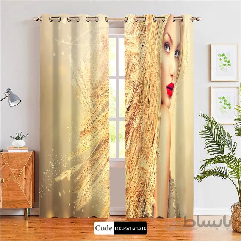 پرده پانچی (هازان و مخمل) کد DK.Portrait.210 طرح چهره زن با موهای خوشه های گندم