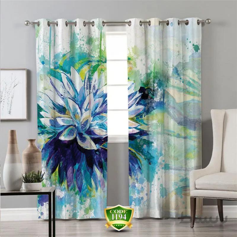 پرده پانچی کد 1194-3d-b طرح سه بعدی گل آبرنگی سبز و آبی