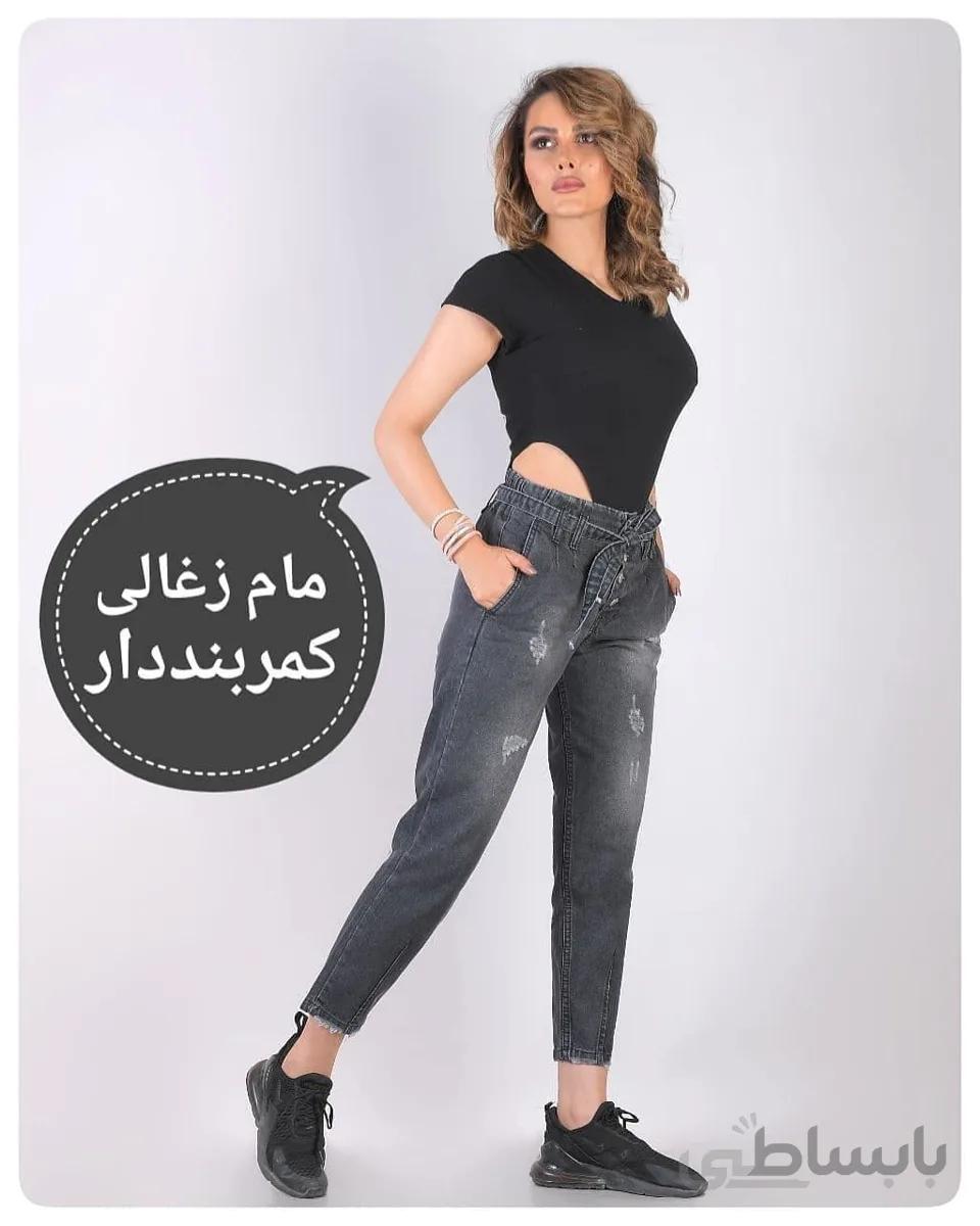 شلوار مام فیت کشی زغالی کمربنددار کمرکش