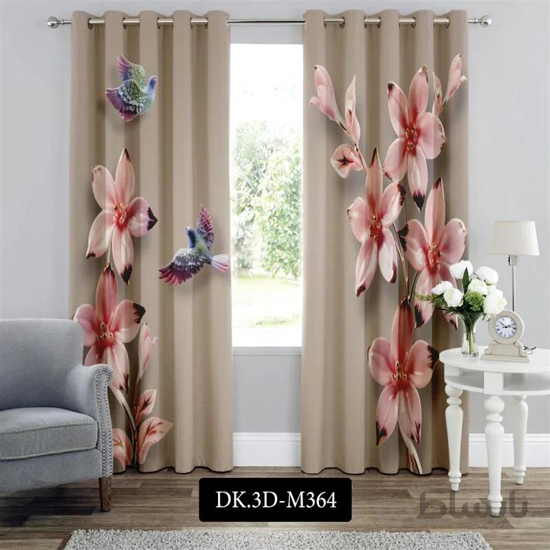 پرده پانچی (هازان و مخمل)کد DK.3D.M364 طرح سه بعدی گل های صورتی و پرنده ها