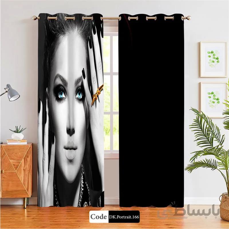 پرده پانچی (هازان و مخمل) کد DK.Portrait.166 طرح چهره زن با چشمان آبی