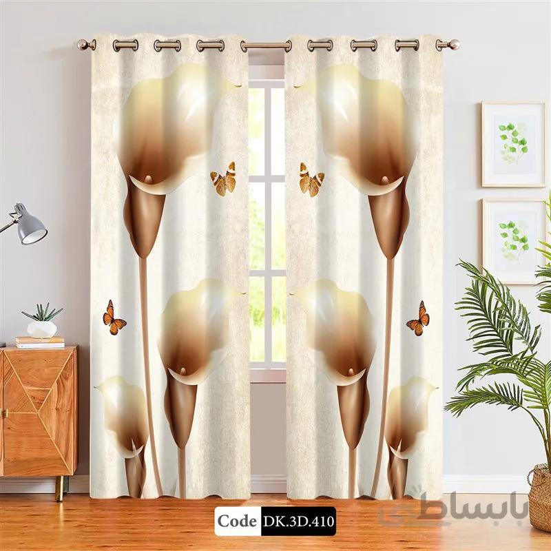 پرده پانچی (هازان و مخمل)کد DK.3D.410 طرح سه بعدی گل های قهوه ای و پروانه