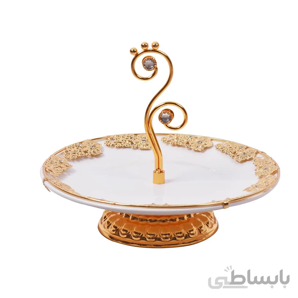 شیرینی خوری پایه دار سفید طلایی نگین دار کد 0575