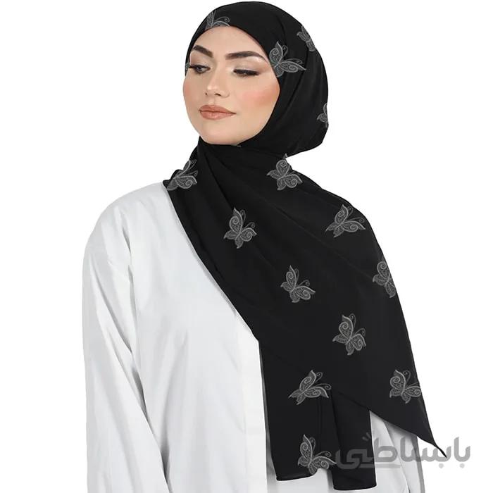 شال حریر مشکی گلدوزی پروانه سفید