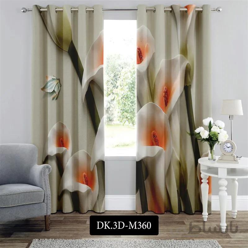 پرده پانچی (هازان و مخمل)کد DK.3D.M360 طرح سه بعدی گل های سفید و نارنجی