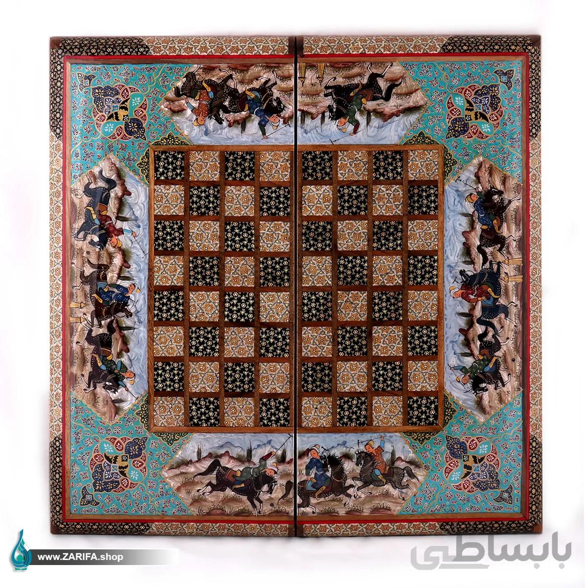 تخته نرد و شطرنج خاتم لب گرد شکار صدف و تذهیب سبز ۵۰*۵۰
