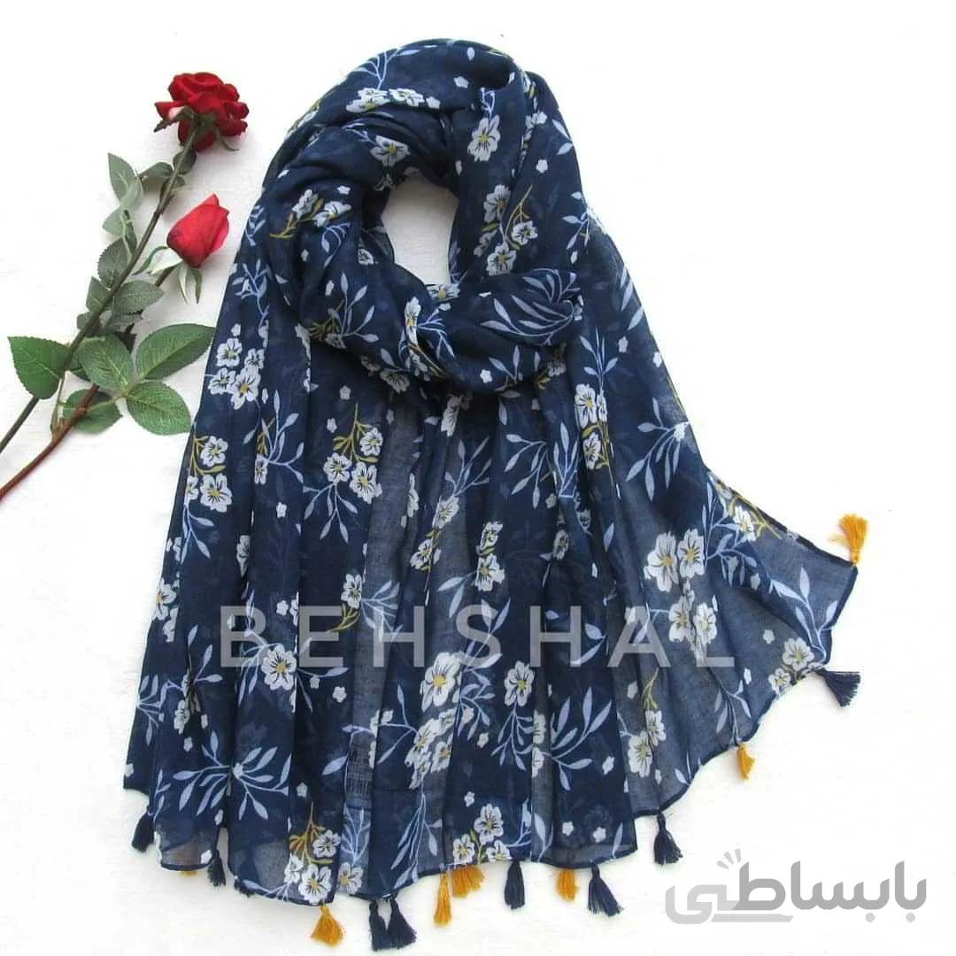 شال نخی وارداتی منگوله دار سورمه ای گلدار چهارفصل