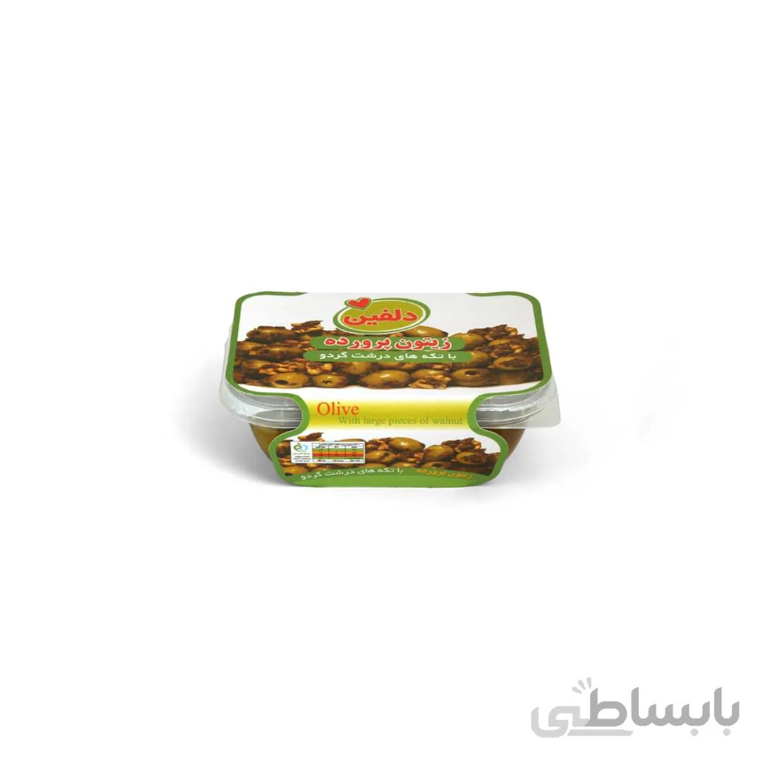 زیتون پرورده ۲۵۰گرمی دلفین ویژه پرگردو با ظرف قایقی- کارتن ۱۲تایی