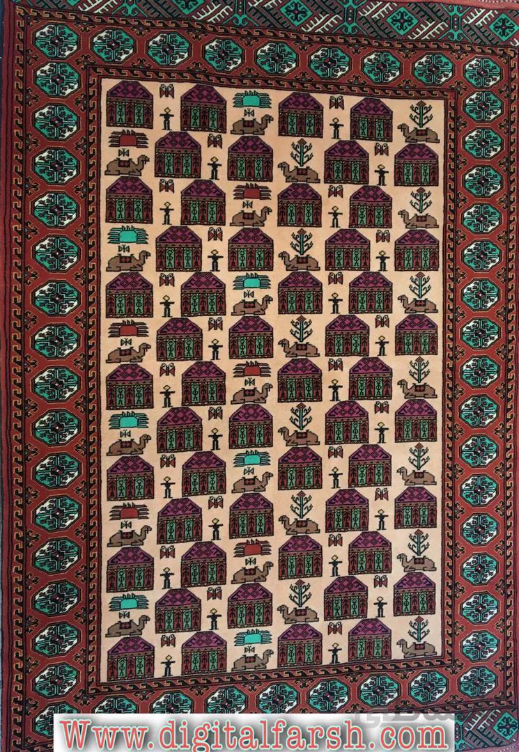 فرش دستبافت جرگلانی طرح (آلاچیق) کلبه و شتر تمام پشم رنگ طبیعی ا hande made carpet of torkaman