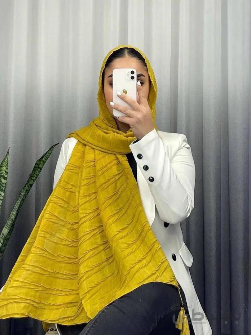 شال بهاره خردلی ساده پلیسه 107203 ا 107203