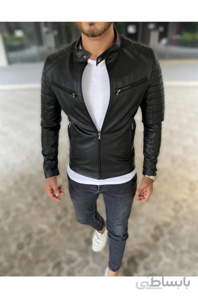 jokercollection کاپشن چرمی مشکی مردانه با جزئیات روی شانه و پشت