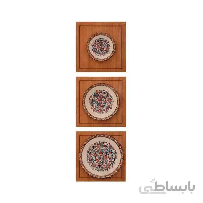تابلو بشقاب سه تایی مجموعه چوب و مینا طرح گل و مرغ قهوه ای ا تابلو بشقاب سه تایی مجموعه چوب و مینا طرح گل و مرغ قهوه ای