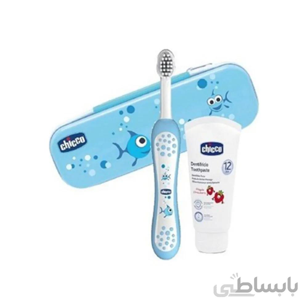 مسواک کودک چیکو مدل پسرانه به همراه باکس حمل و خمیردندان