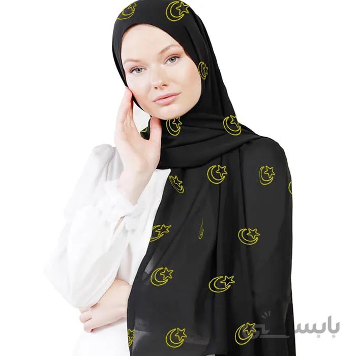 شال حریر مشکی گلدوزی ماه زرد