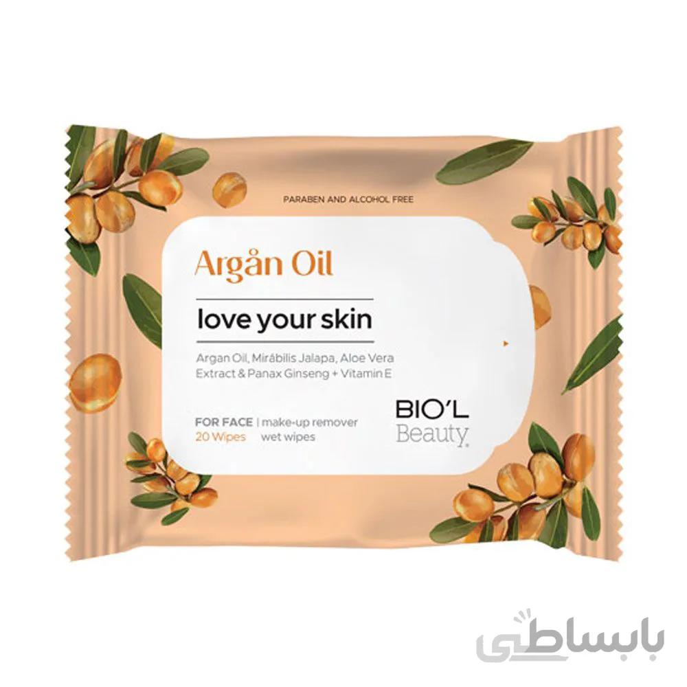 دستمال مرطوب پاک کننده آرایش صورت روغن آرگان بیول مناسب پوست خشک