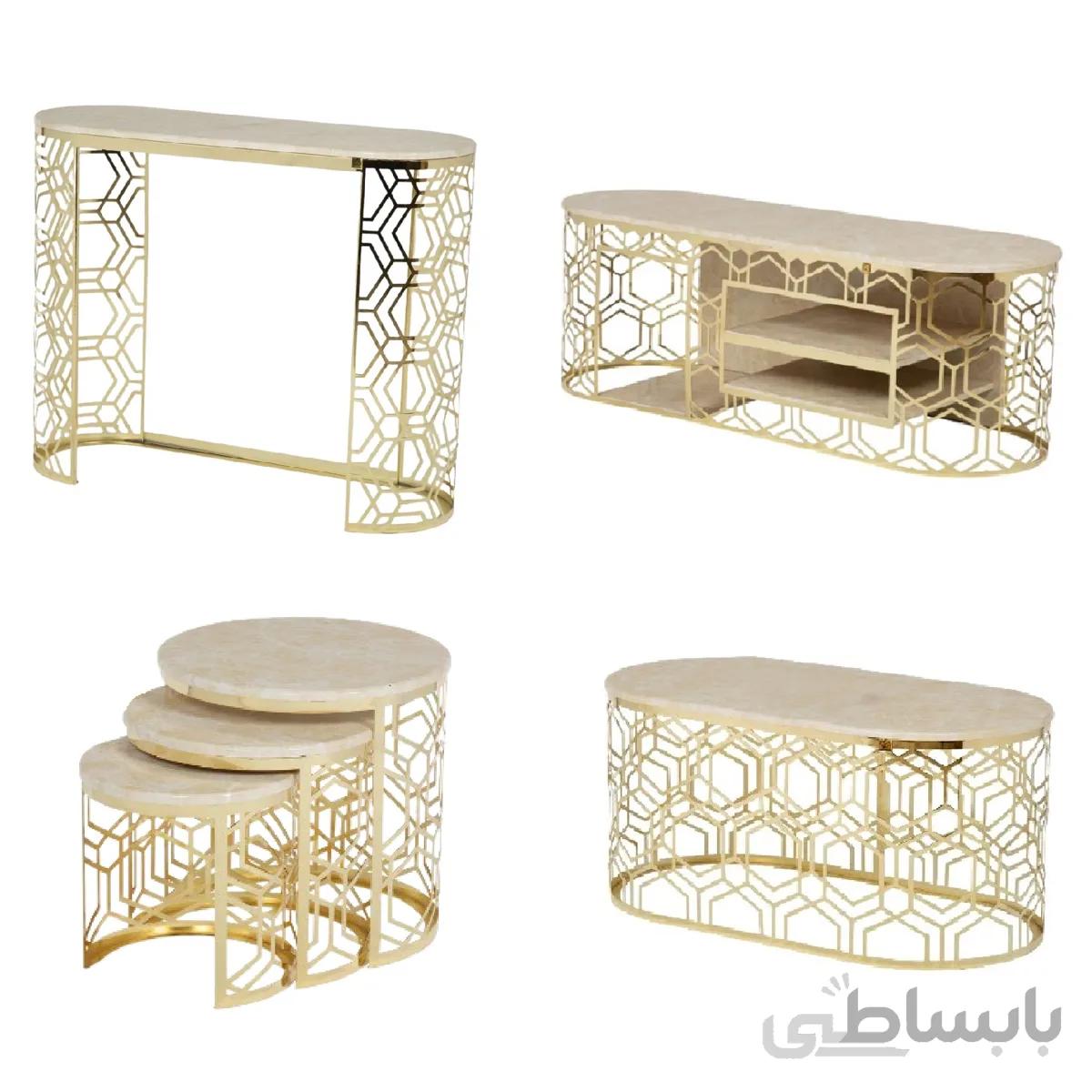 میز پذیرایی مدل شش ضلعی کد ۰۱۱ مجموعه ۴ عددی به همراه میز تلویزیون و آینه کنسول