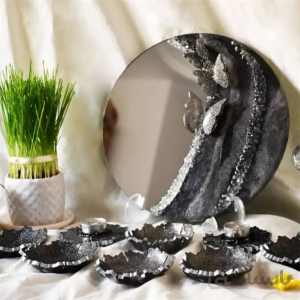 ست کامل هفت سین رزین (قاب آینه،جفت شمعدان و 6 عدد ظرف ) ا Complete set of seven trays (mirror frame, pair of candlesticks and 6 dishes)