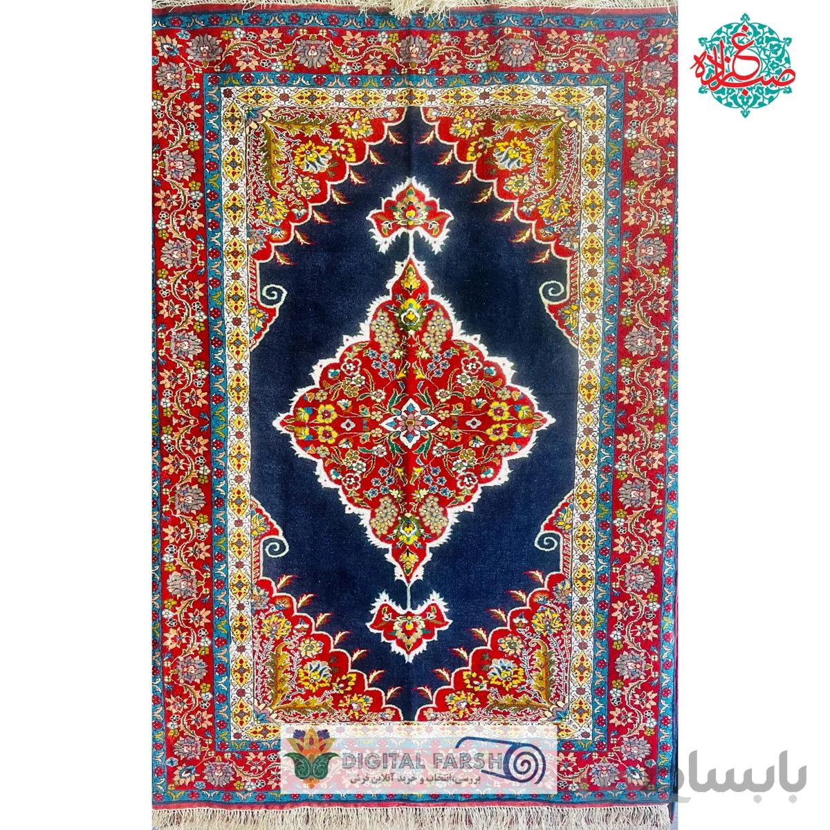 فرش دستبافت خراسان جرگلان چله ابریشم کف ابریشم نقشه کاشان سرمه ای