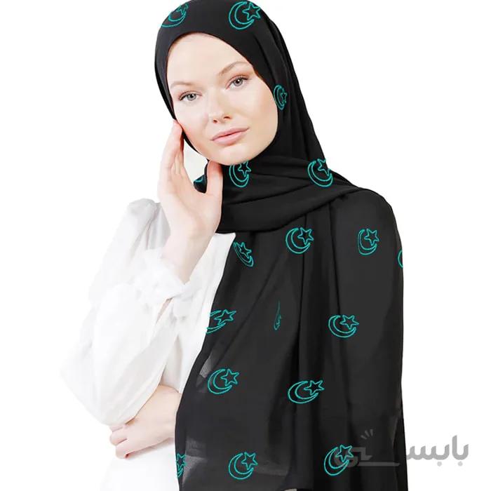 شال حریر مشکی گلدوزی ماه آبی
