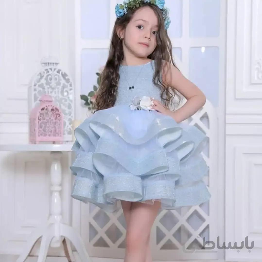 لباس عروس پرنسسی بچه گانه مجلسی ابی اسمانی یاسی شیری کرمی / 1 2 3 4