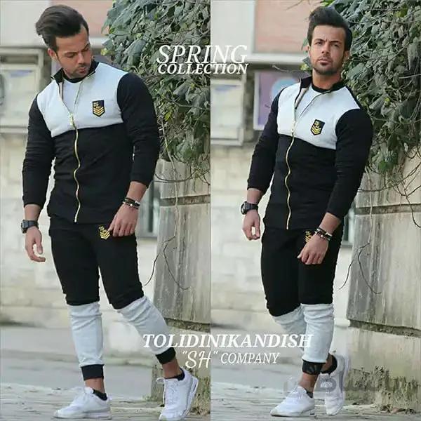 ست مردانه کد 061 سویشرت شلوار طرح دو رنگ جنس دورس رنگ مشکی ا Dors black and white men's sweatshirt set