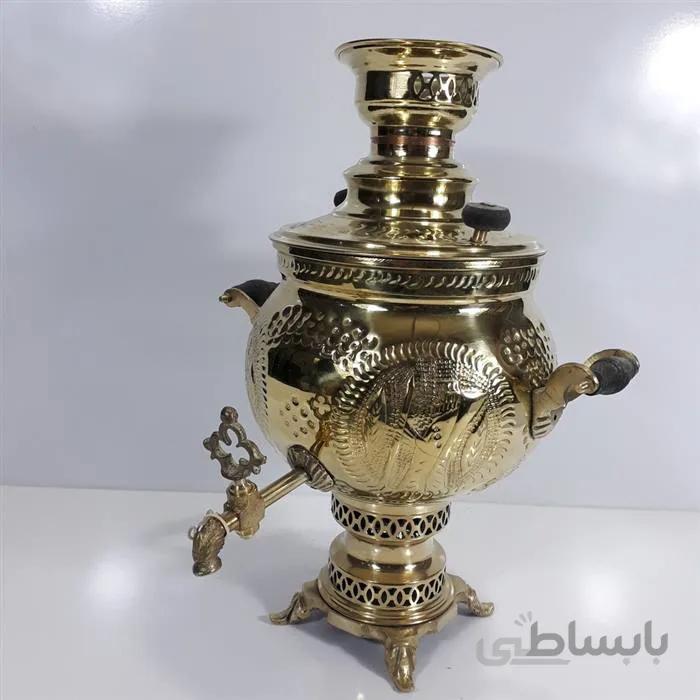 سماور زغالی برنجی شش لیتر طرح قلم کاری شده ا سماور زغالی برنجی تمام برنج سه مهر بسیار زیبا محکم و ضخیم