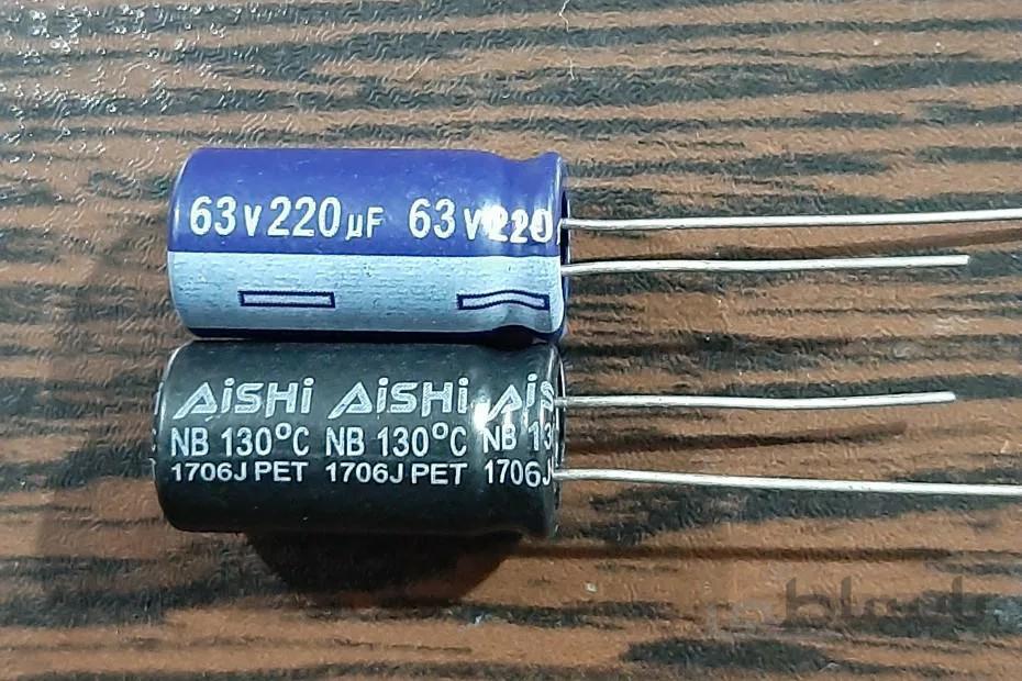 AiSHi 63V 220uF – خازن الکترولیت، ۶۳ ولت، ۲۲۰ میکروفاراد