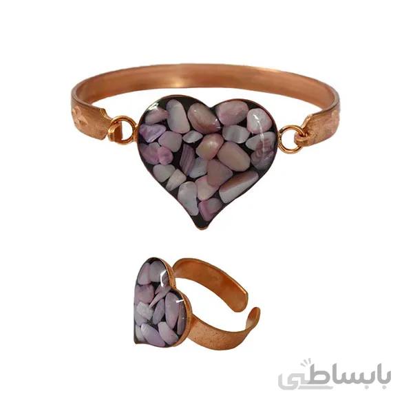 ست دستبند و انگشتر مسی زنانه قلب سنگی صورتی کد JW261
